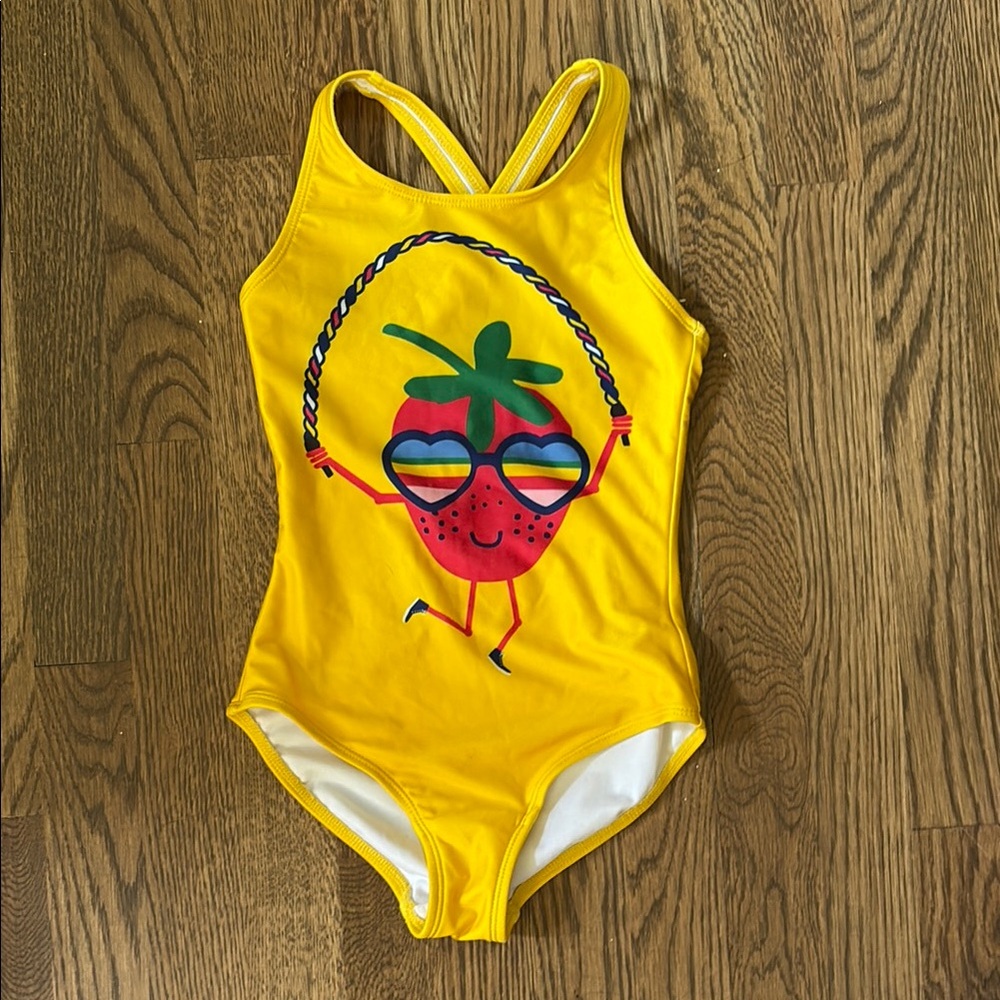 Hanna Andersson Kids Yellow One Piece Swimsuit with Strawberry Design